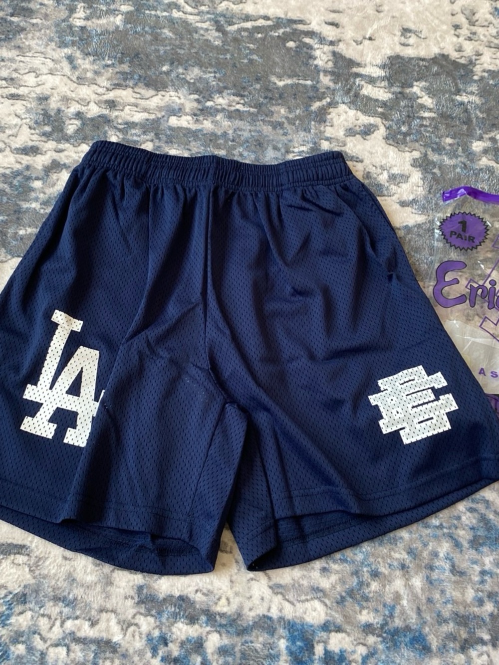 Eric Emanuel Navy Mesh LA Logo Athletic Shorts